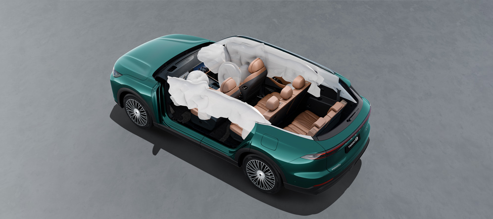 Car with deployed airbags showing comprehensive safety system